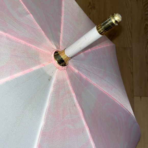 Vintage Large Estee Lauder Umbrella HAS TAGS Pastel Rose Print Hook Handle Rare - Picture 7 of 8